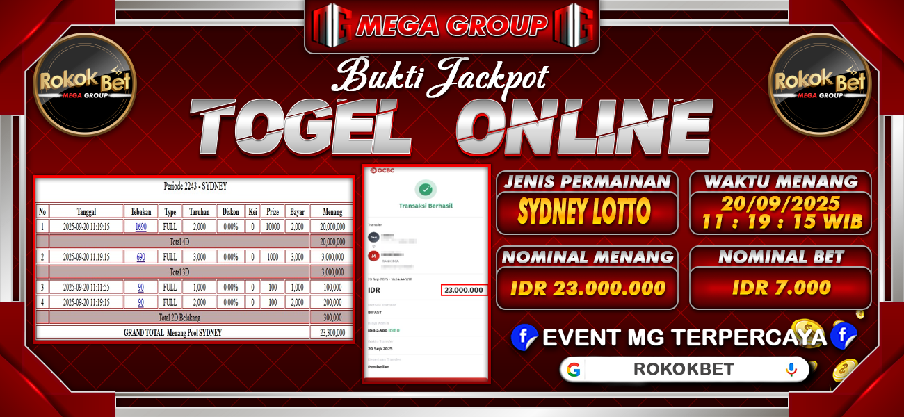 Bukti JP situs Rokokbet hari Sabtu, 20 September 2025
