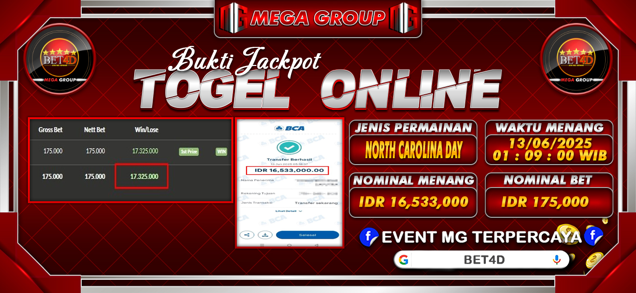Bukti JP situs Bet4D hari Jumat, 13 Juni 2025
